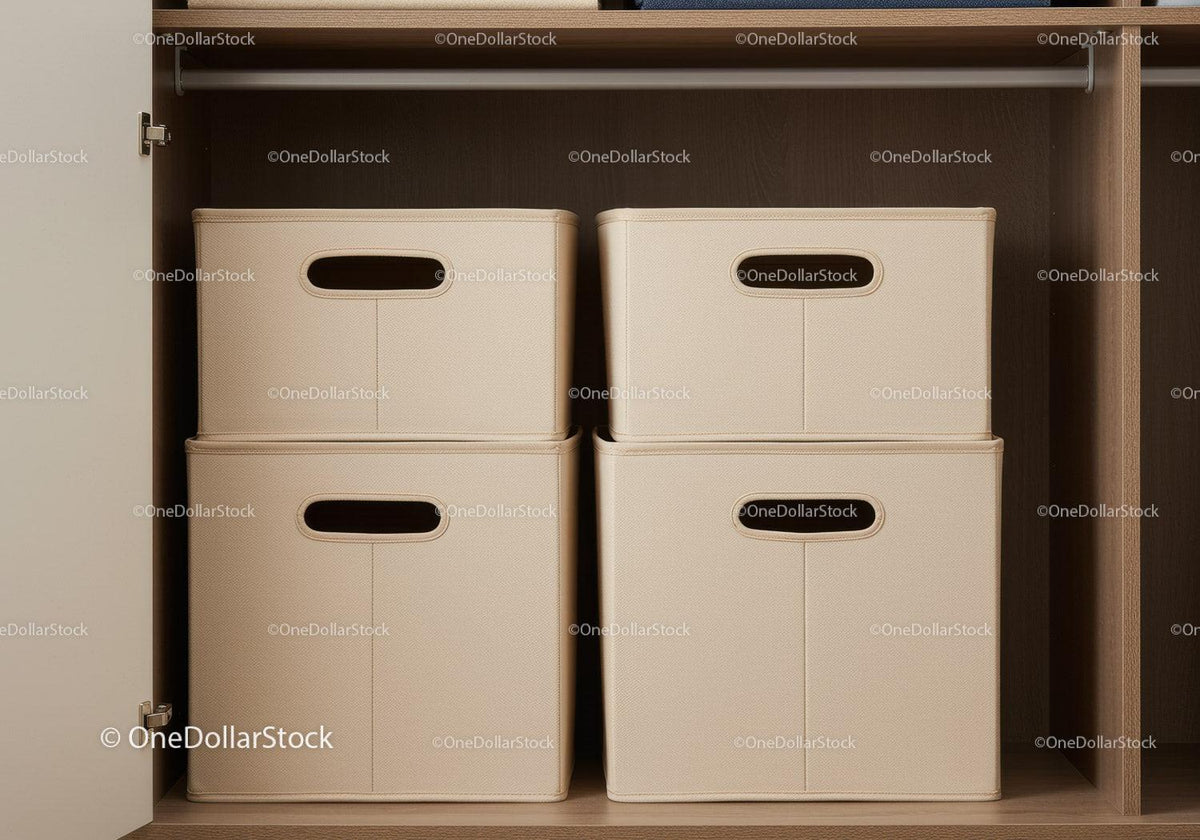 Beige Storage Bins in Closet for Home Organization
