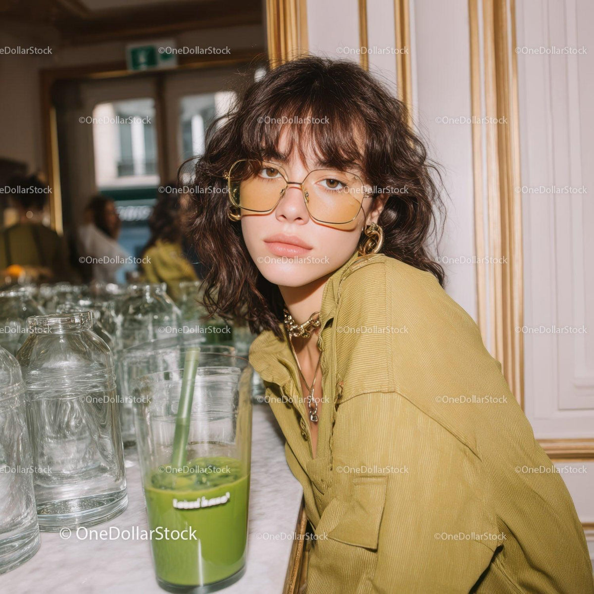 Fashionable Young Woman with Glass of Green Juice in Modern Cafe