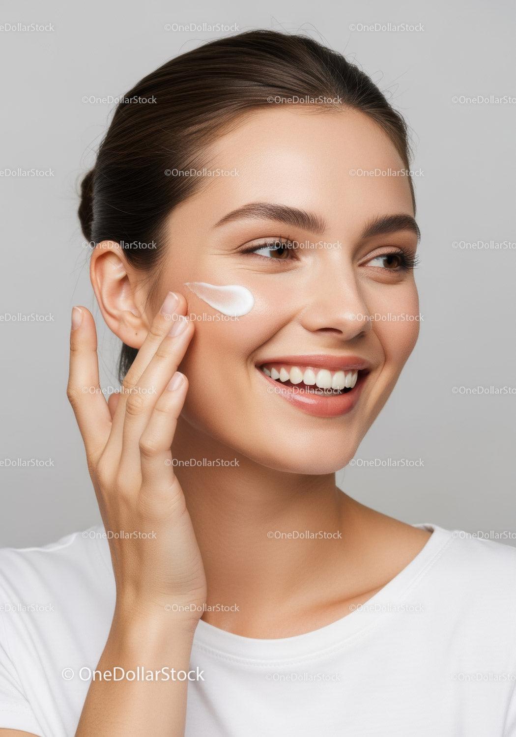 Young Woman Applying Facial Cream for Glowing Skin