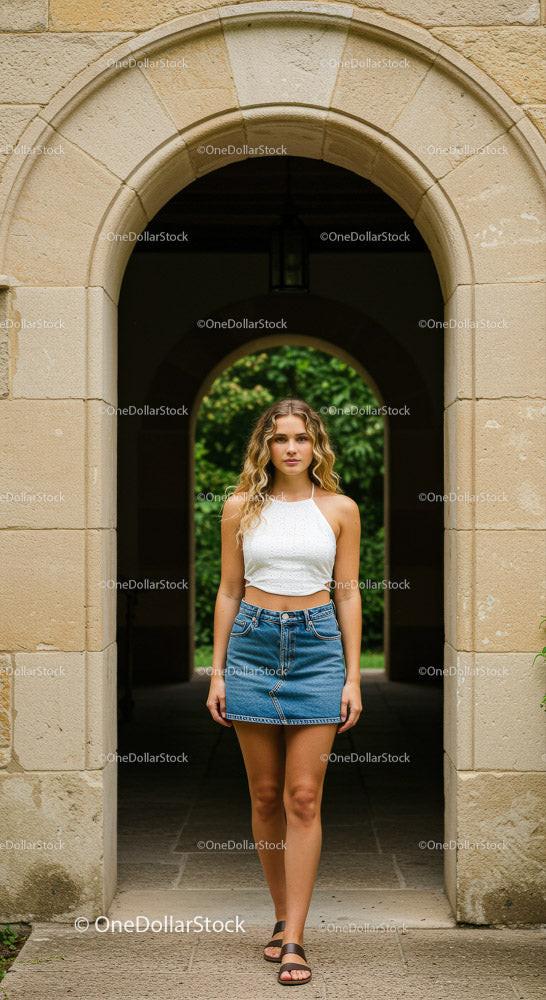 Casual Summer Look of Young Woman in Denim Skirt Stock Photo Bundle preview