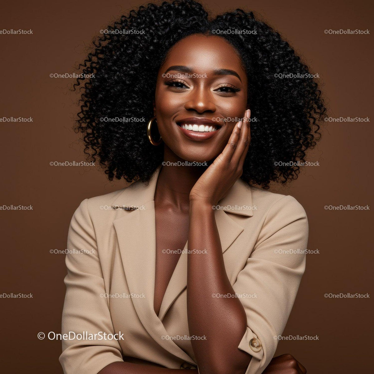 Smiling African American Woman with Curly Hair Wearing Beige Blazer
