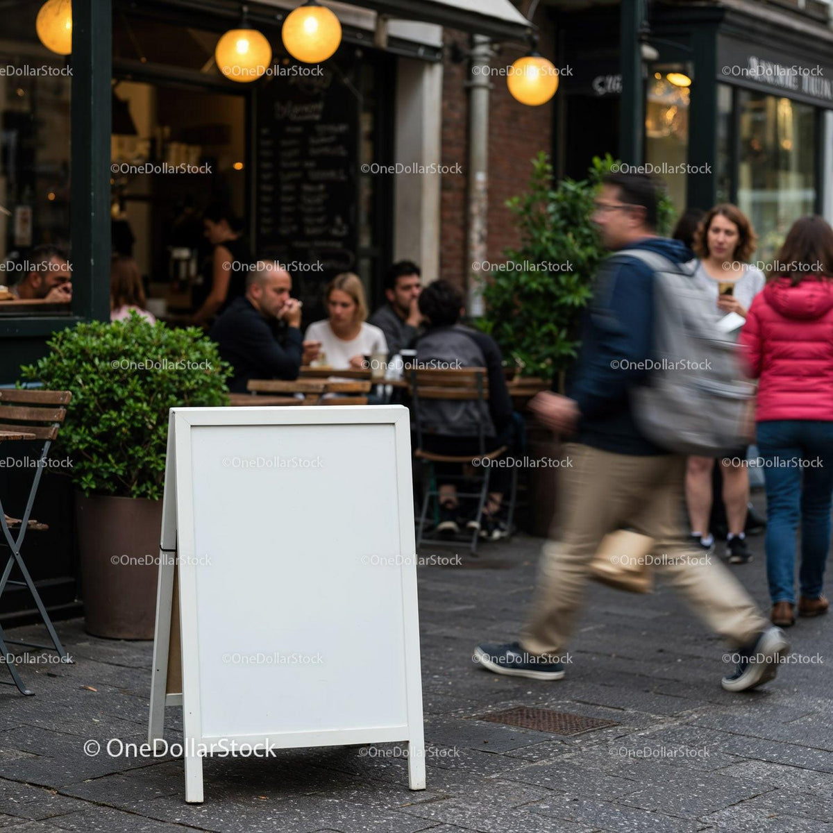 Blank outdoor signboard in busy cafe street scene JPG Mockup Image preview
