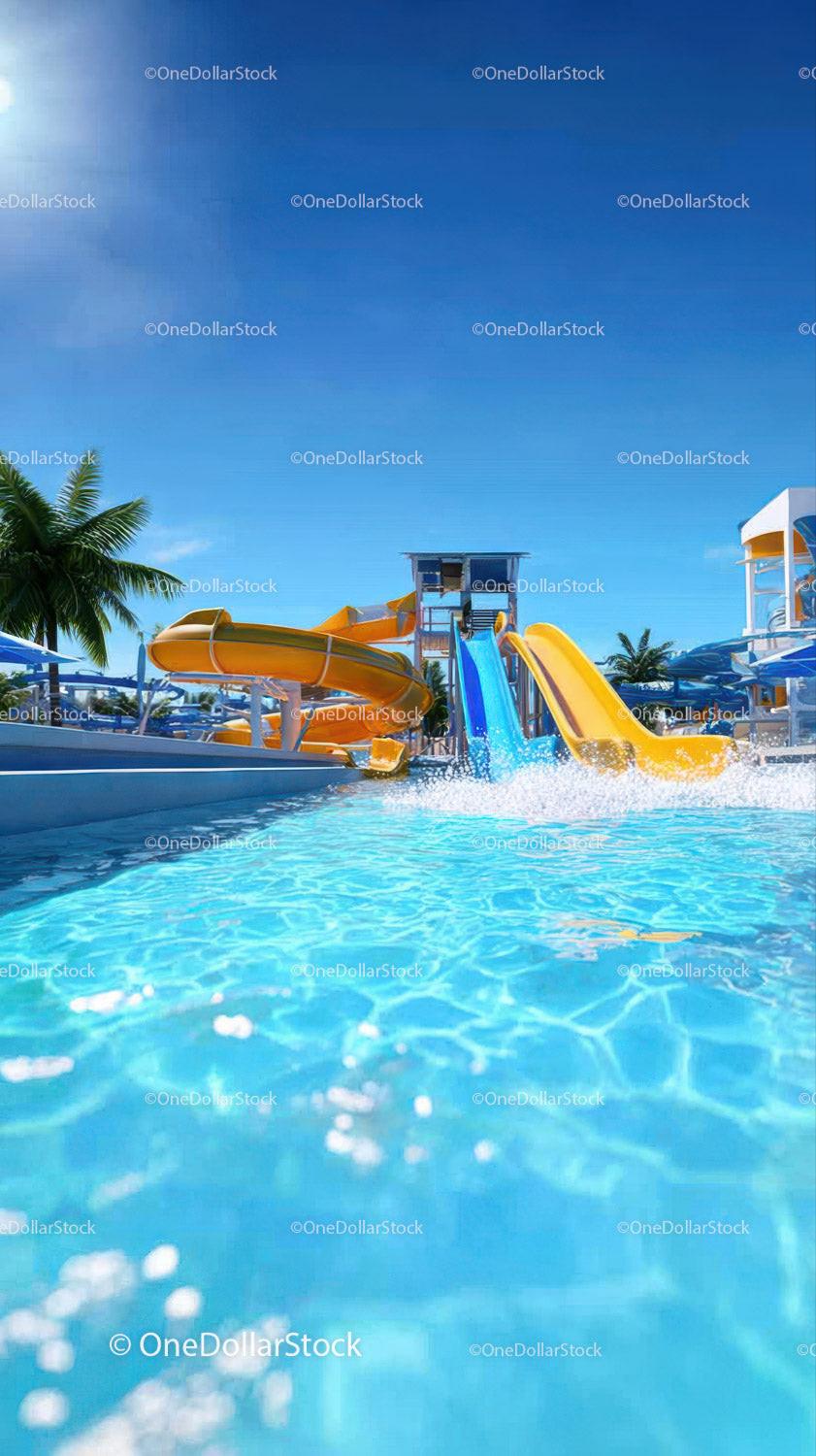Water Slides and Pool at Tropical Water Park with Bright Colors