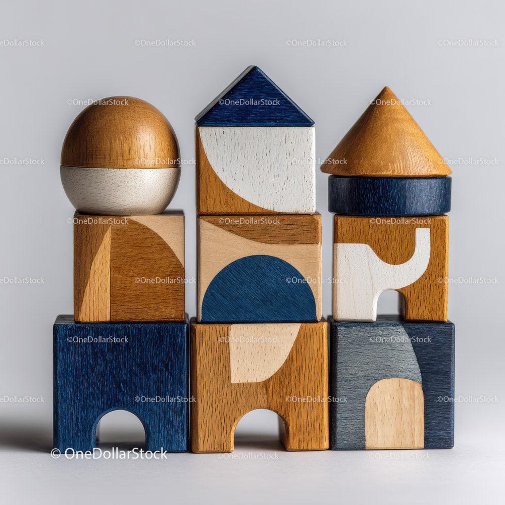 Stacked wooden geometric blocks in brown, white, and blue forming towers with various shapes
