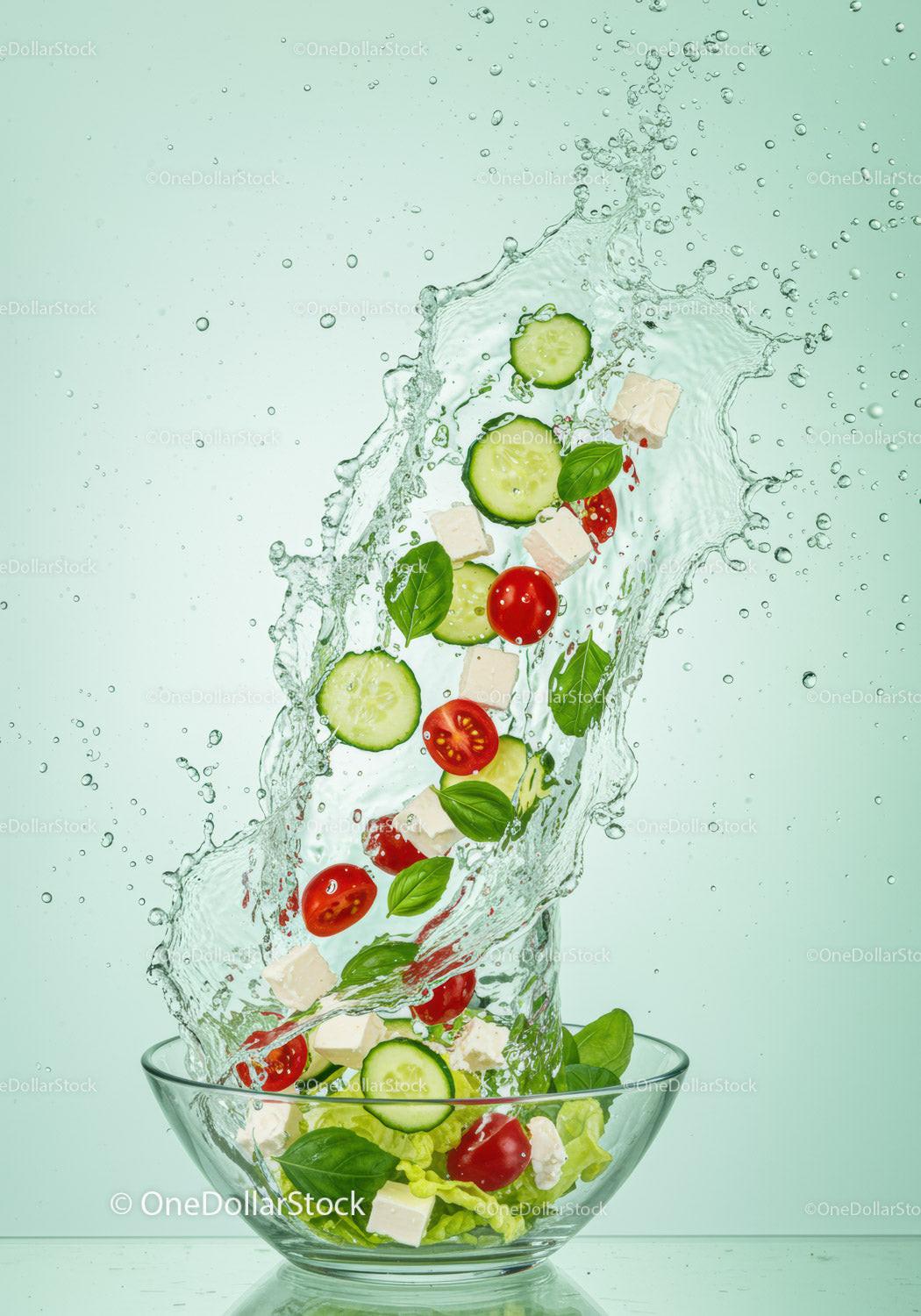 Fresh vegetable and feta salad splash in glass bowl
