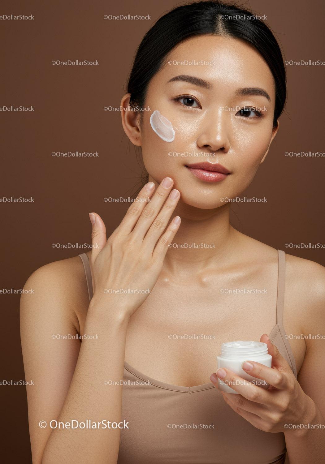 Woman Applying Moisturizer on Face in Beauty Routine Shot
