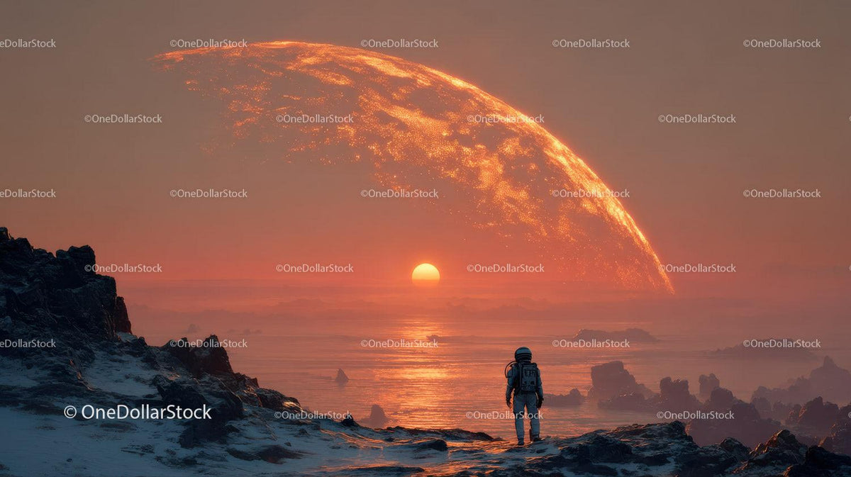 Astronaut Exploring a Surreal Alien Landscape with a Giant Orange Planet Stock Photo Bundle preview 13
