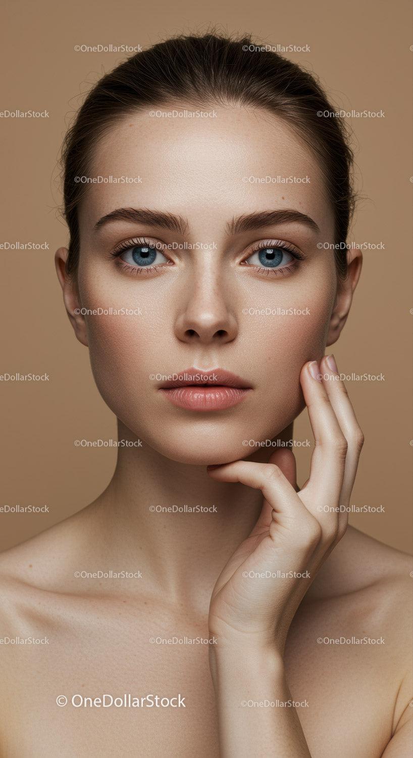 Elegant Beauty Portrait of Woman with Flawless Skin and Blue Eyes