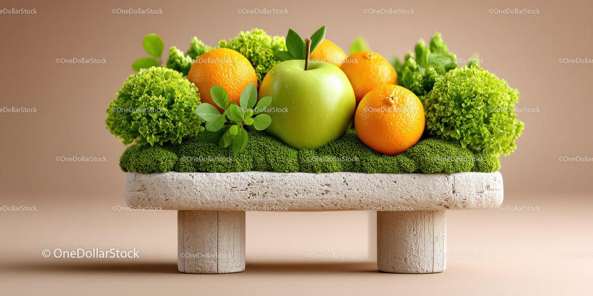 Vibrant Green Apple and Oranges on Rustic Decorative Stand