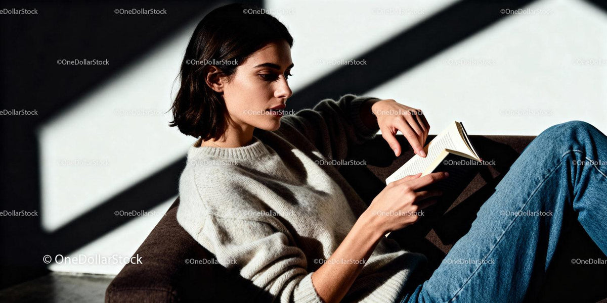 Young woman absorbed in book on cozy sofa