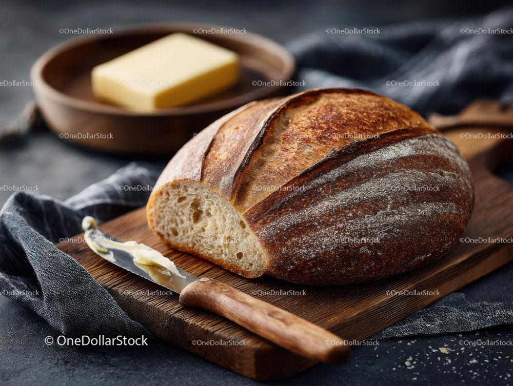 Crusty Artisan Bread Loaf on Wooden Cutting Board with Butter