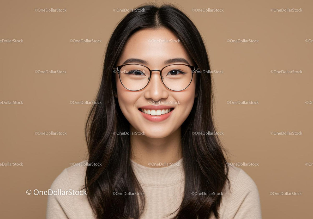 Confident Young Woman with Glasses Smiling in Studio Portrait