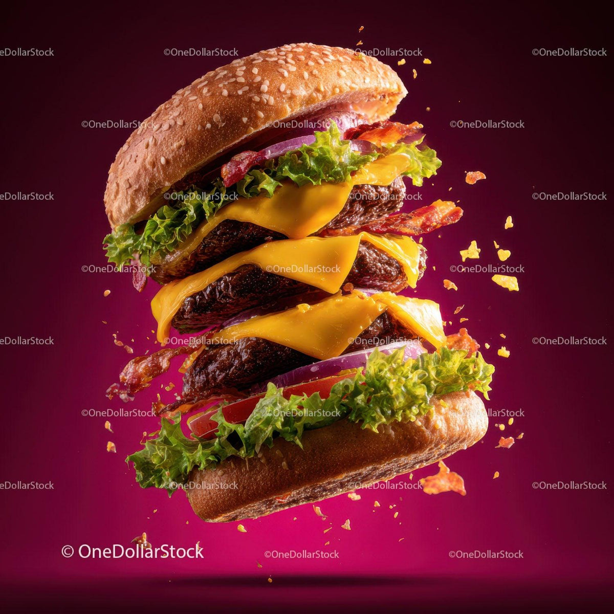 Stacked Cheeseburger with Multiple Beef Patties and Fresh Toppings Stock Photo Bundle creative preview 13