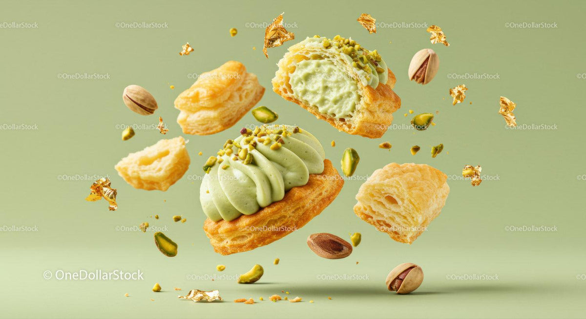 Floating pistachio cream pastries with crunchy toppings