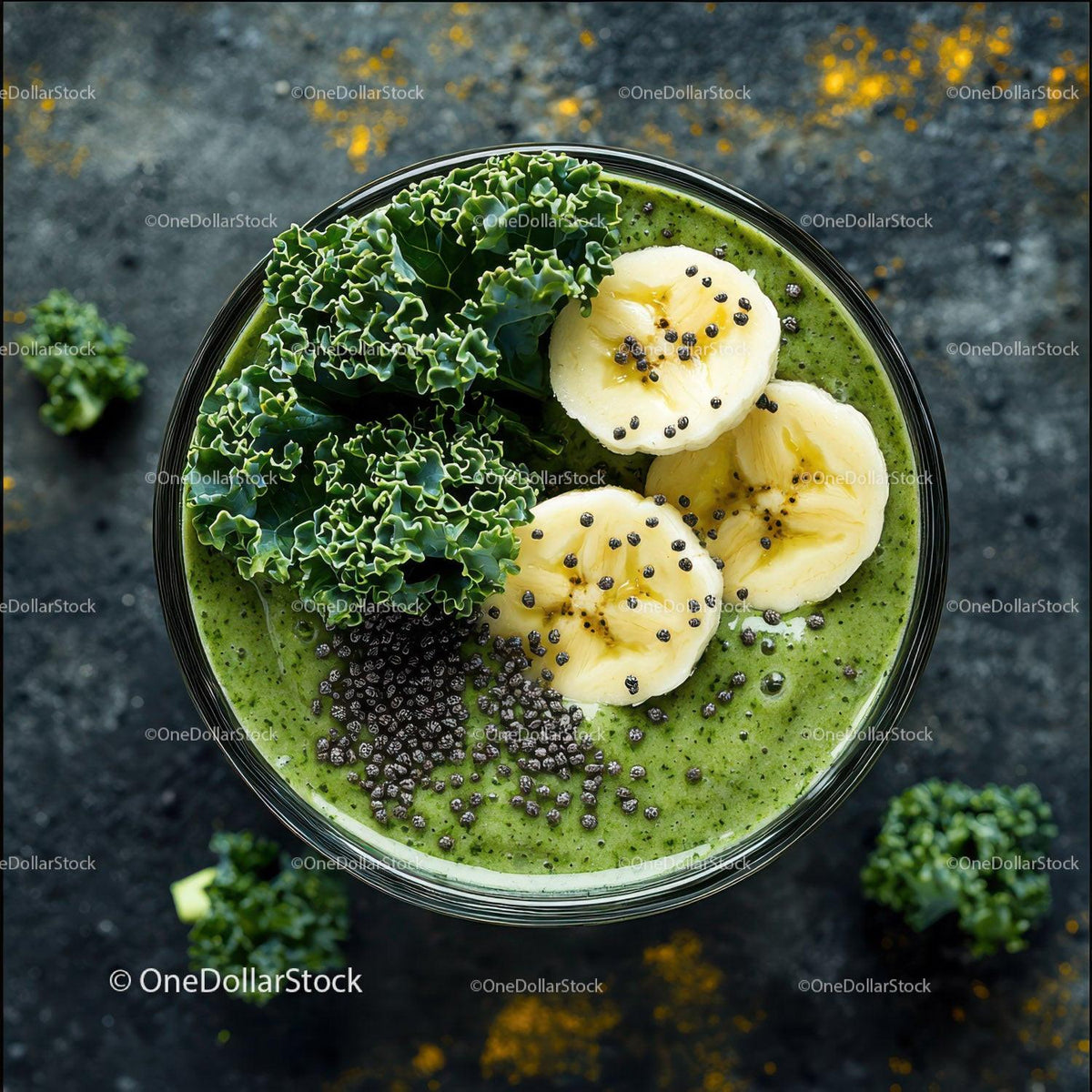 Healthy Green Smoothie with Kiwi Slices and Kale Leaves