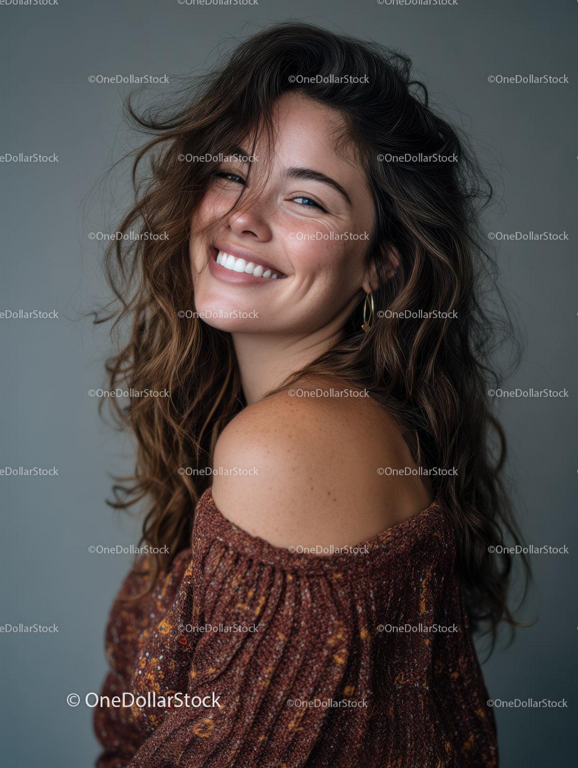 Joyful Woman with Long Wavy Hair Wearing Casual Top