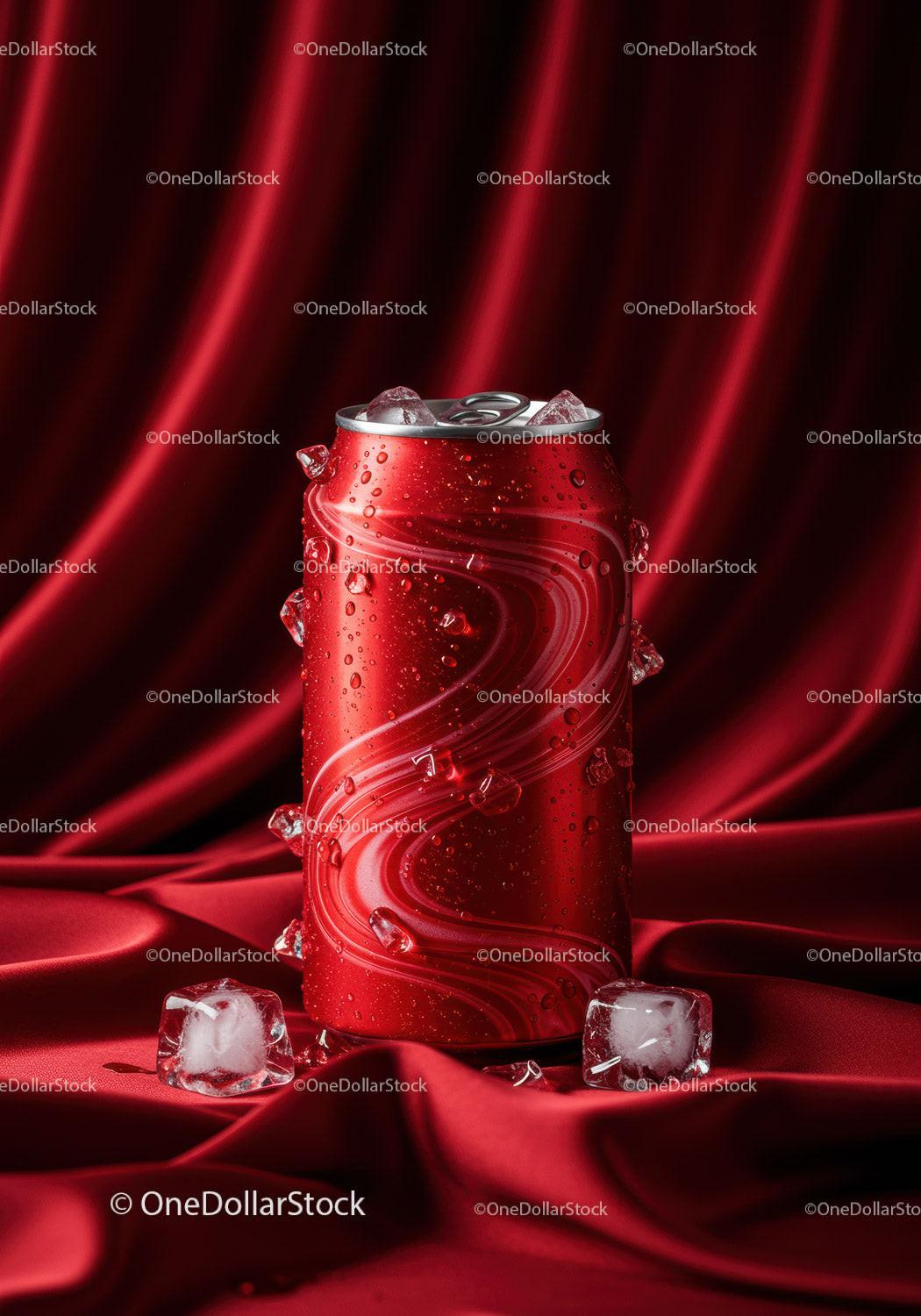 Chilled red soda can with ice cubes on red silk