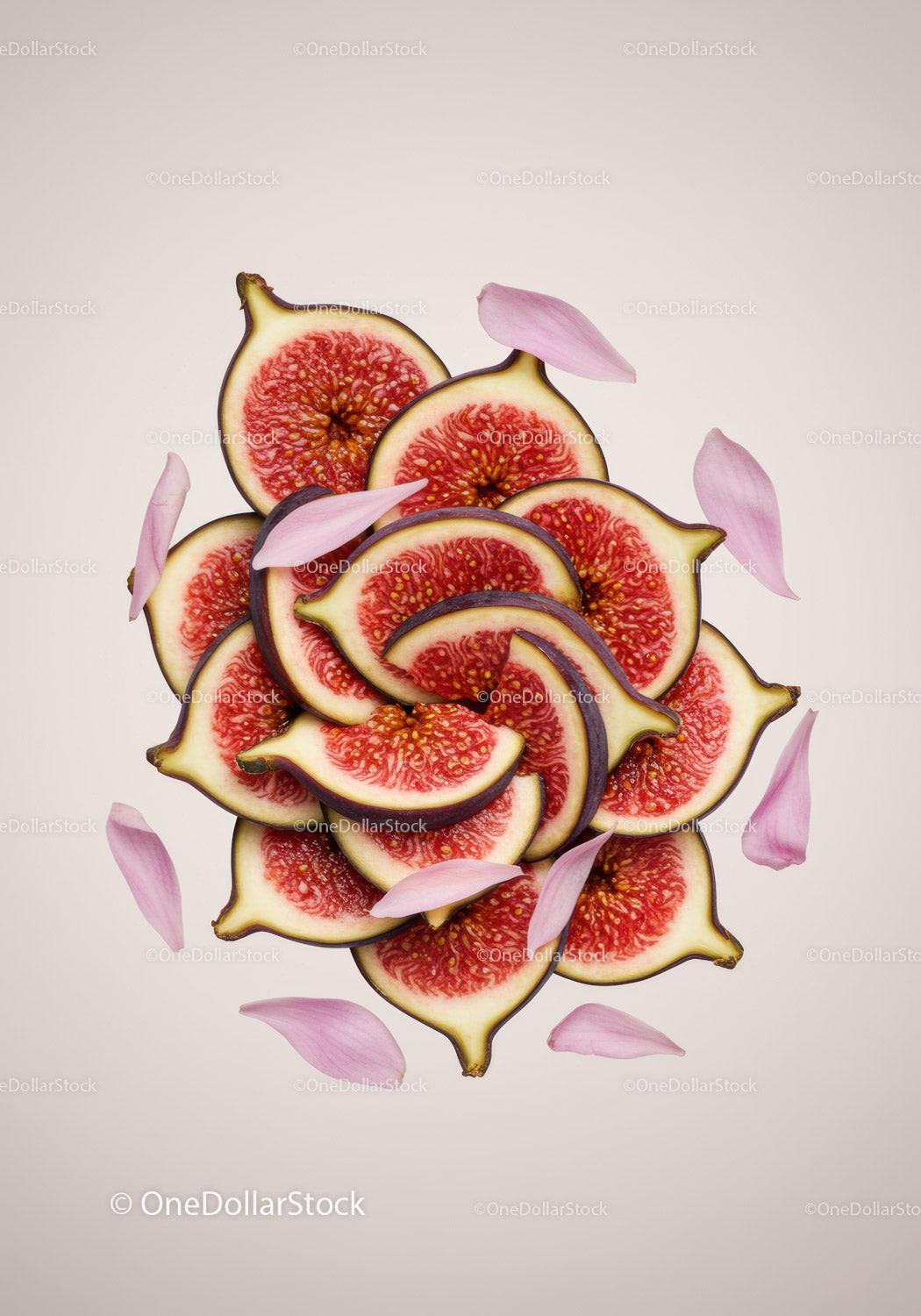 Fresh sliced figs with scattered pink flower petals