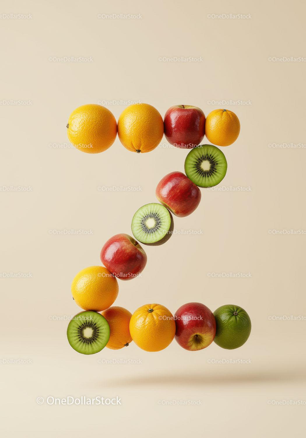 Number three formed with fresh colorful fruits
