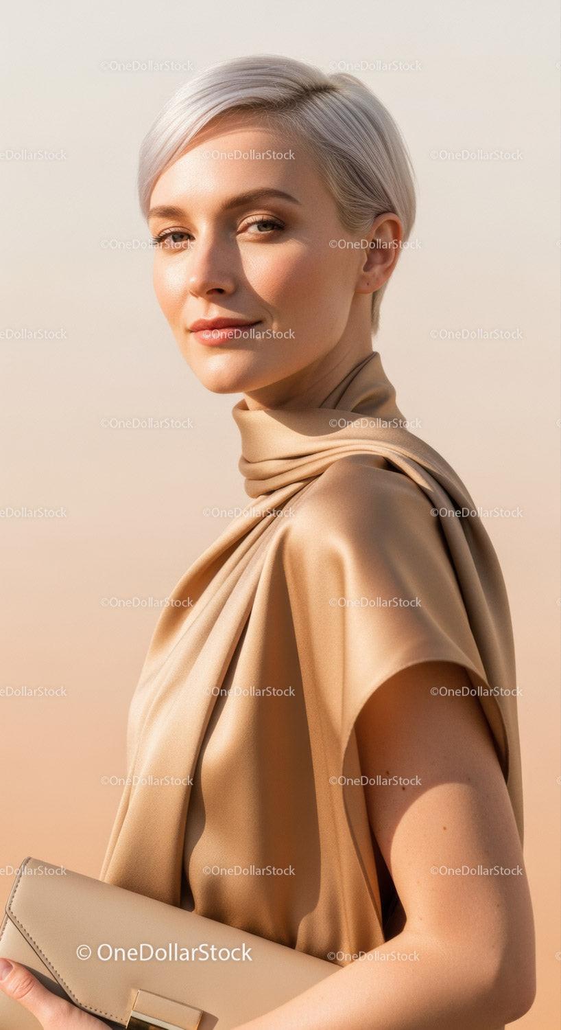 Elegant Woman with Short Blonde Hair Wearing a Beige Silk Scarf and Clutch