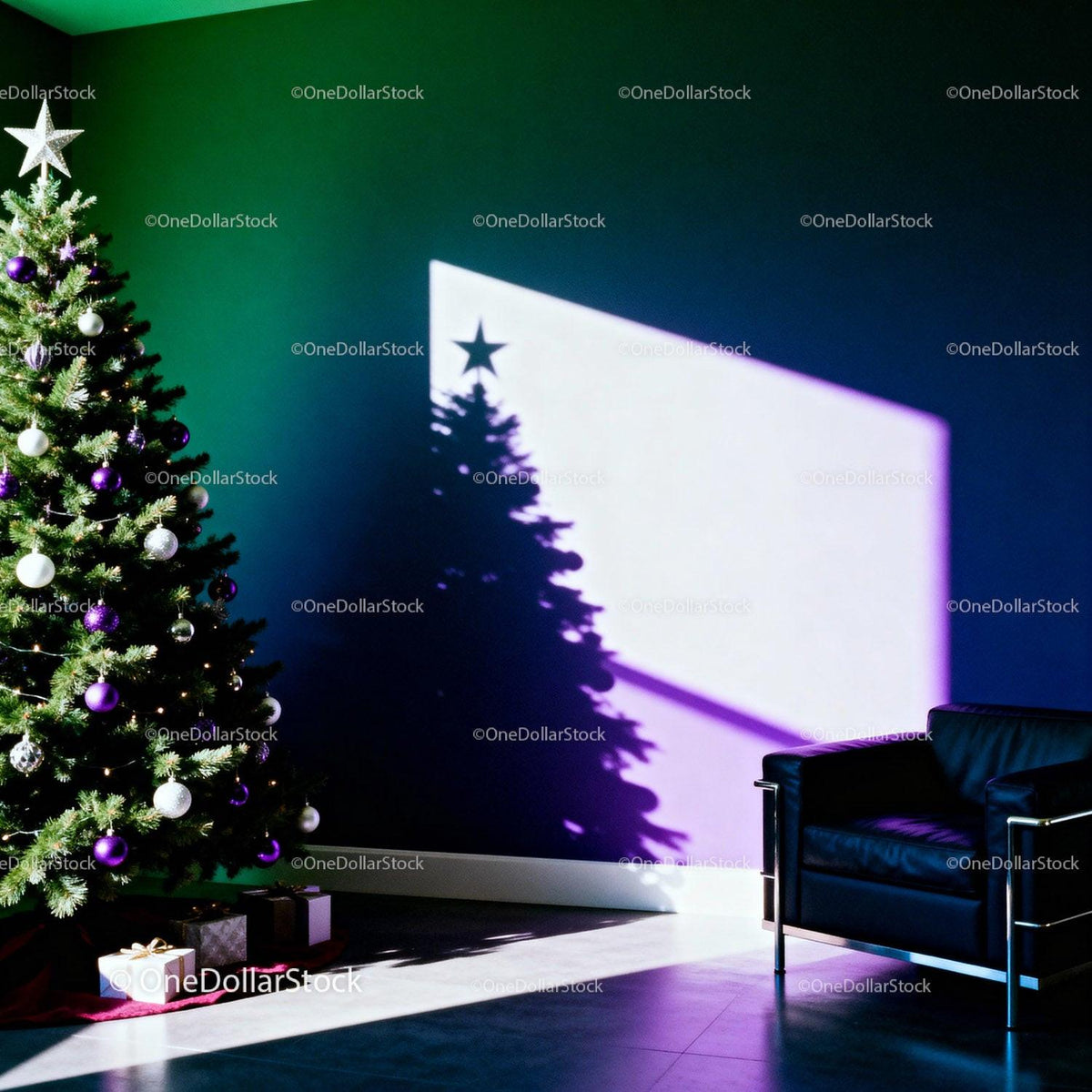 Christmas tree casting star shadow beside modern armchair