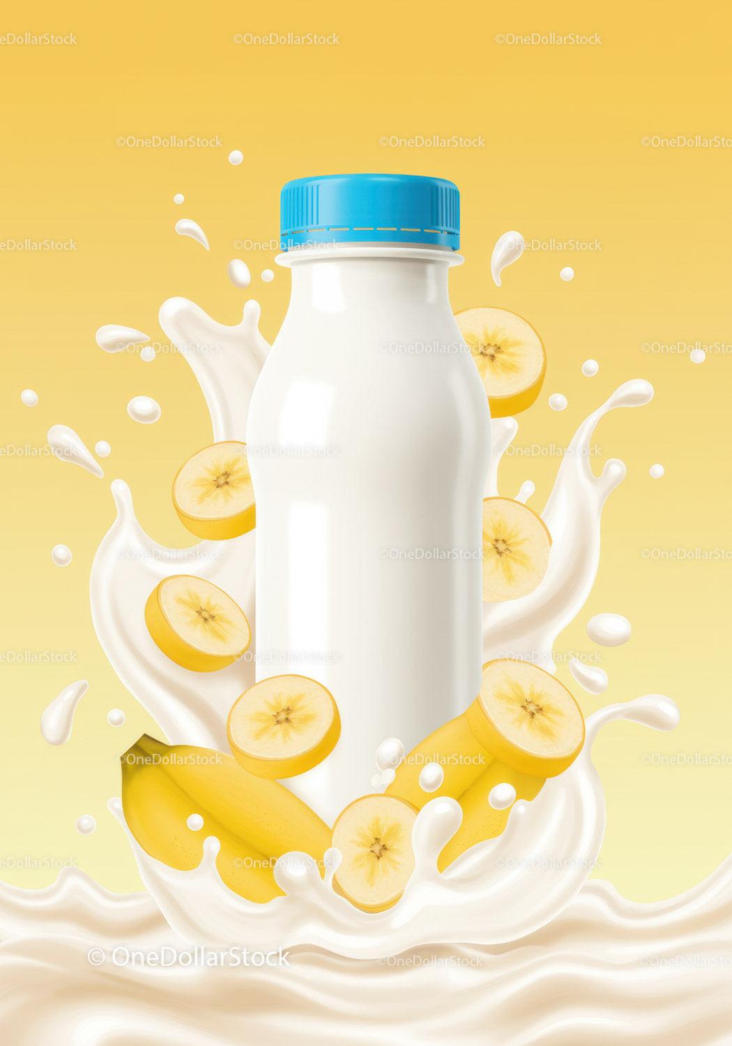 Banana smoothie bottle with splashing milk splash JPG Mockup Image preview