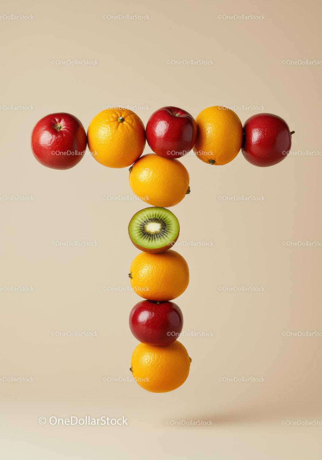 Creative arrangement of fresh fruits forming T letter