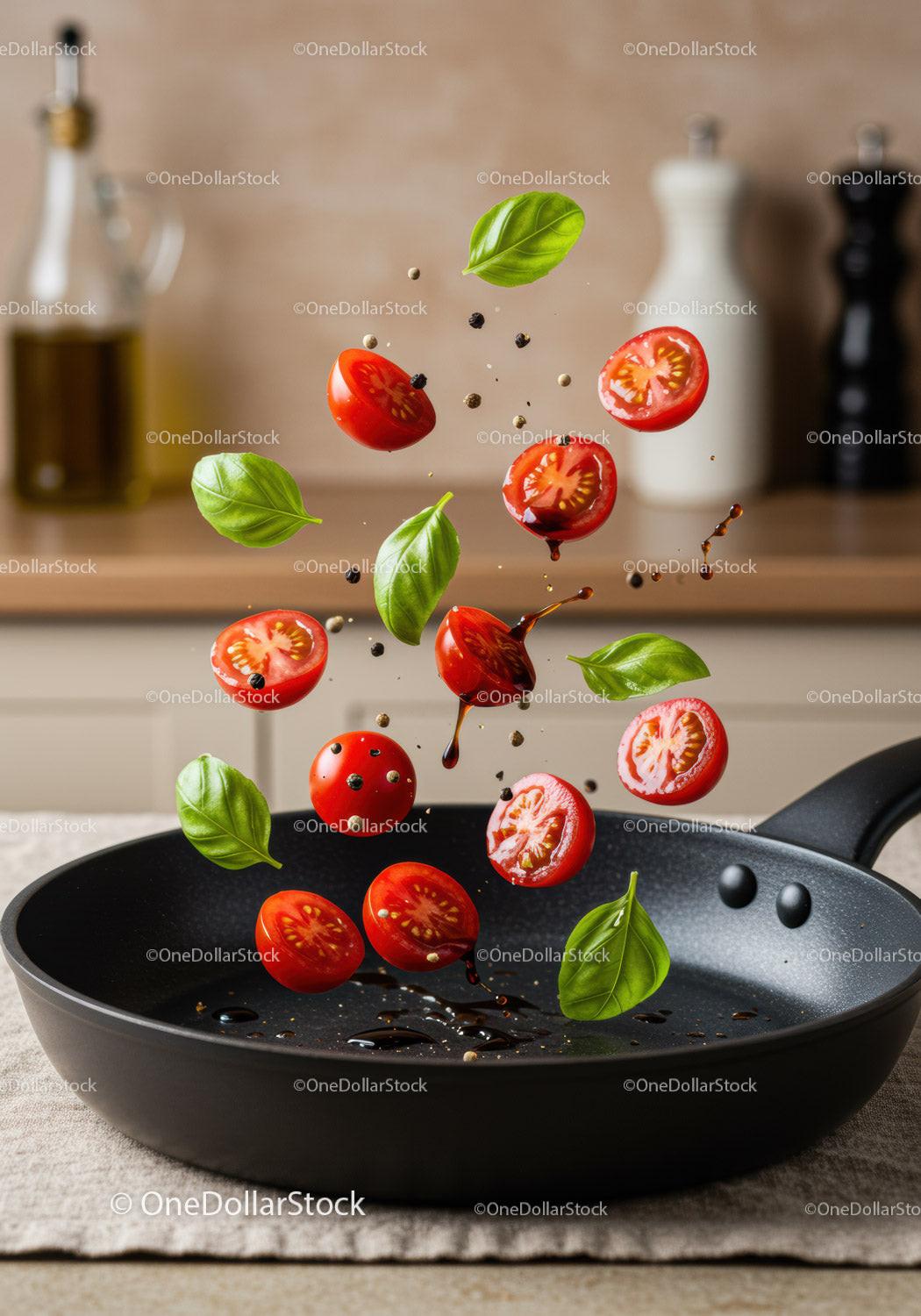 Fresh cherry tomatoes and basil leaves falling into pan