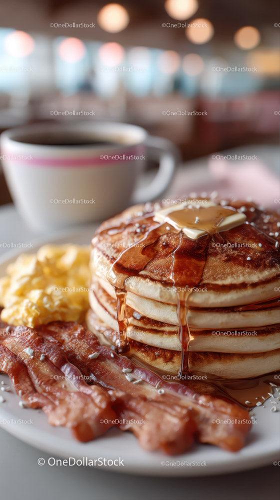 Stack of Fluffy Pancakes with Syrup and Bacon for Breakfast or Brunch Stock Photo Bundle preview