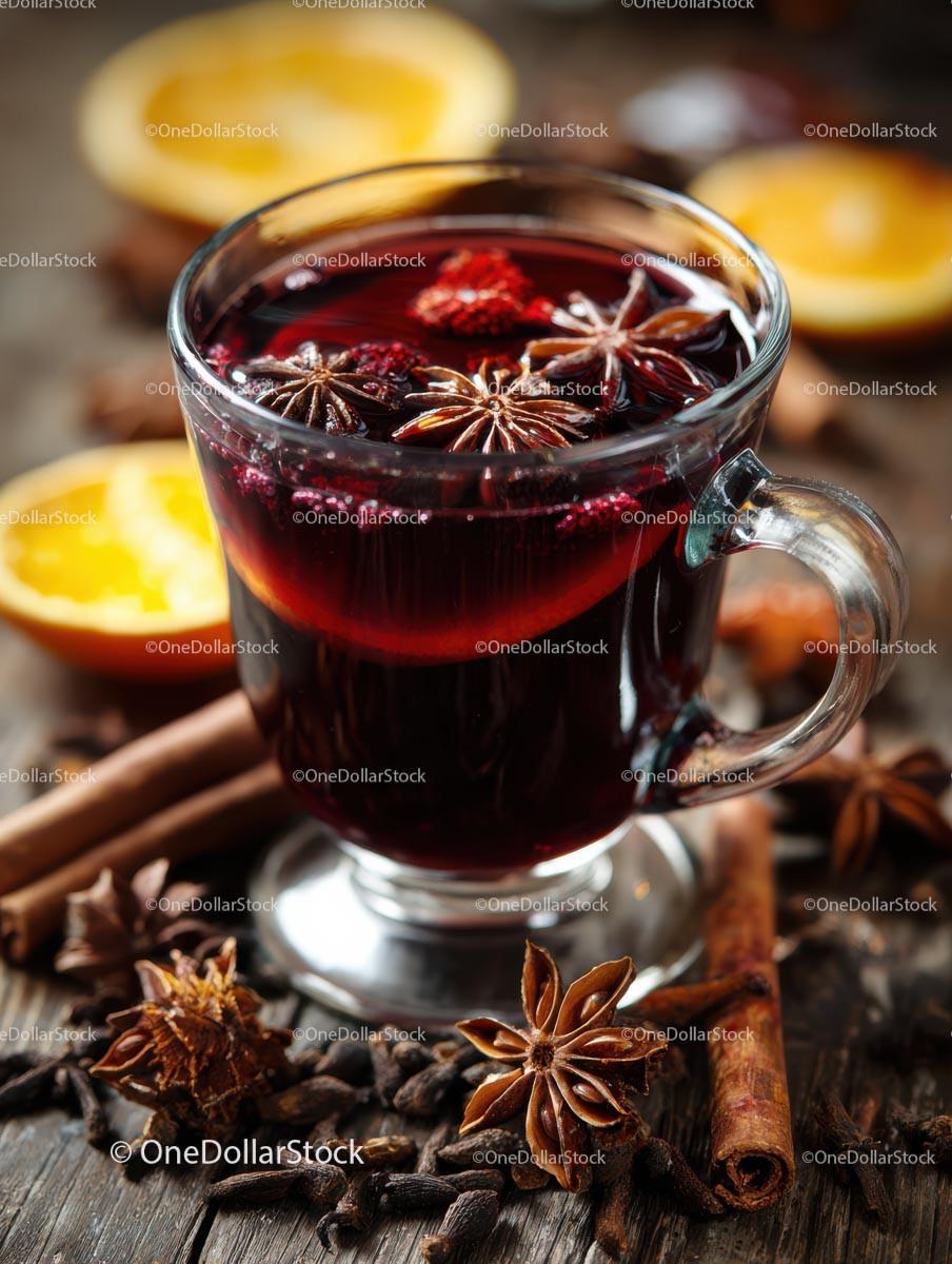 Delicious Mulled Wine with Citrus and Spices in a Glass Mug Stock Photo Bundle preview 7