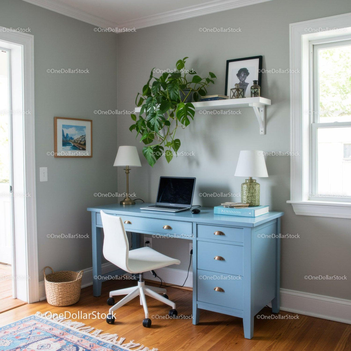 Bright Modern Home Office with Blue Desk and Green Monstera Plant