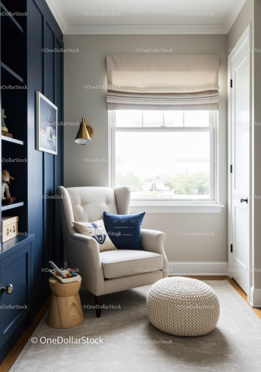 Elegant Cozy Nook With Armchair and Ottoman in Well-Lit Room