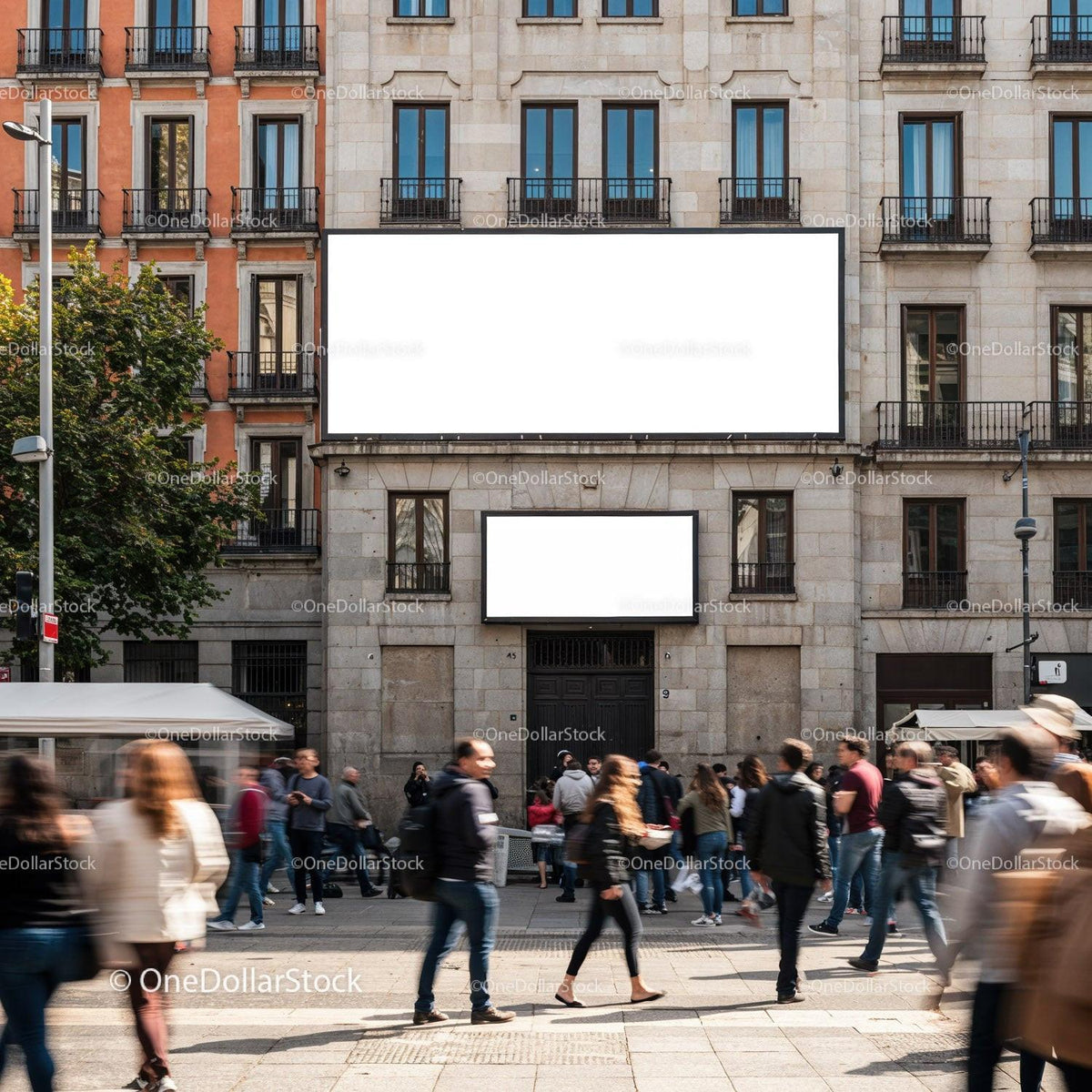 Busy urban street with blank billboard banners on building JPG Mockup Image preview