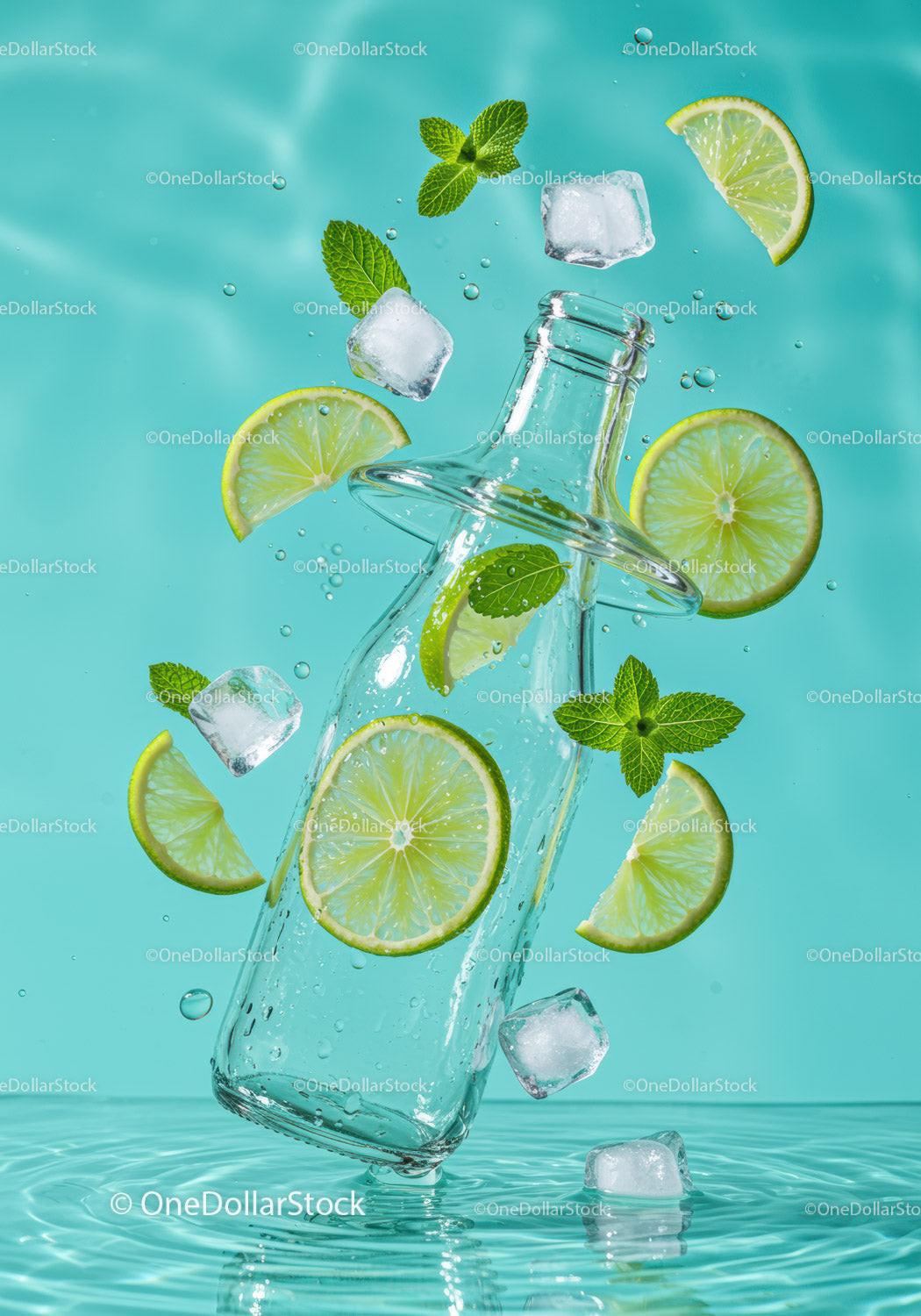 Refreshing glass bottle with lime and mint splash