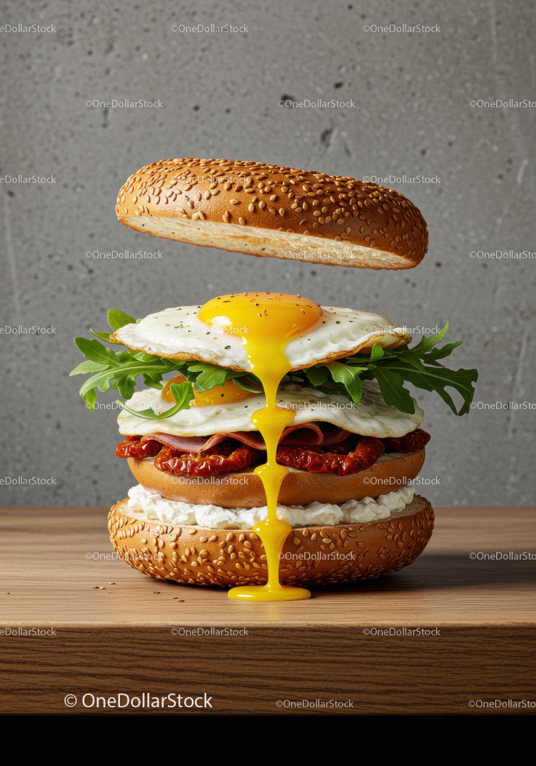 Gourmet breakfast burger with runny fried egg and greens