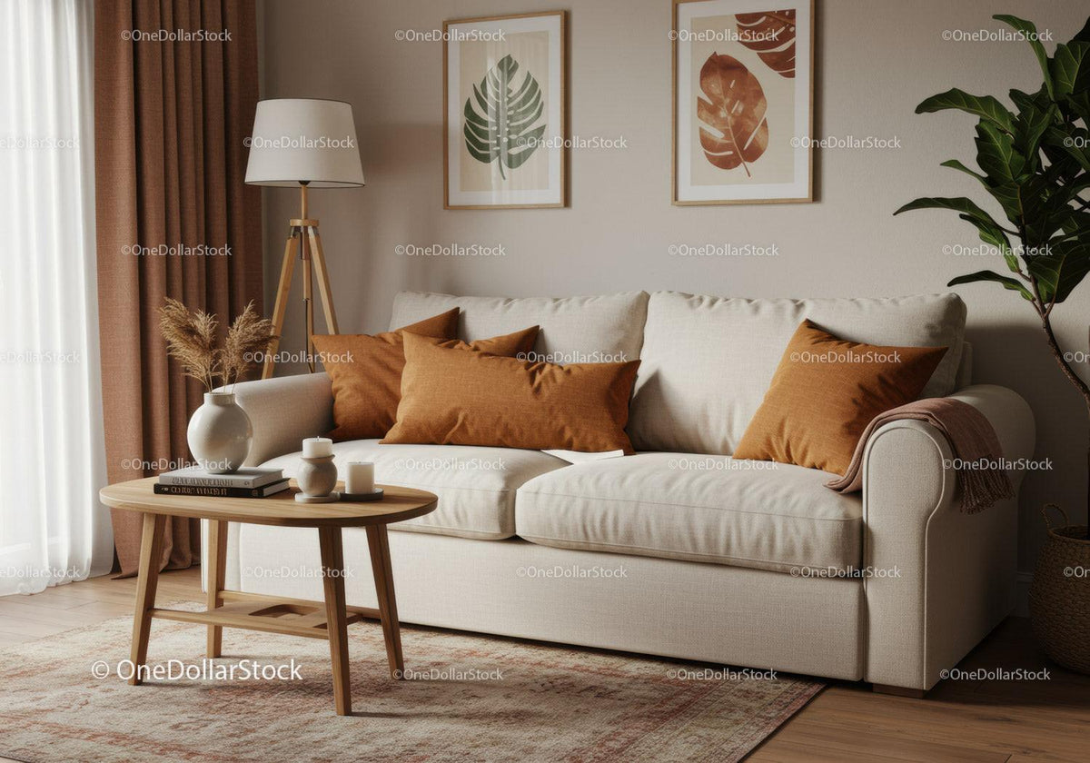 Cozy beige sofa with warm orange pillows in living room