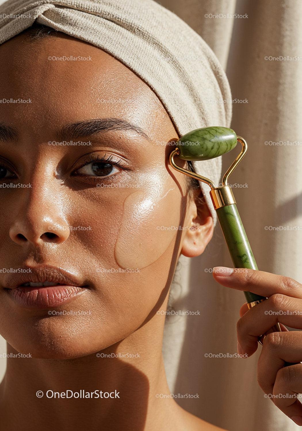 Close-Up of Woman Using Jade Roller for Glowing Skin and Facial Rejuvenation