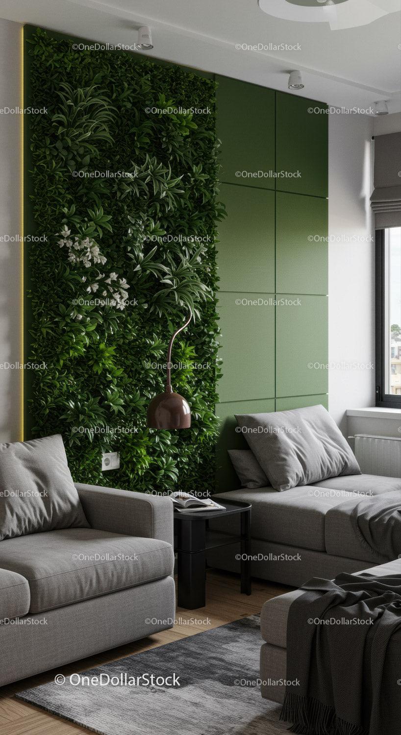 Modern Living Room with Green Plant Wall and Cozy Gray Sofas