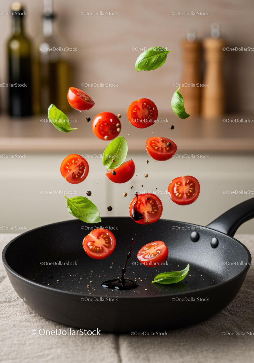 Fresh Cherry Tomatoes and Basil Leaves Tossed in Pan