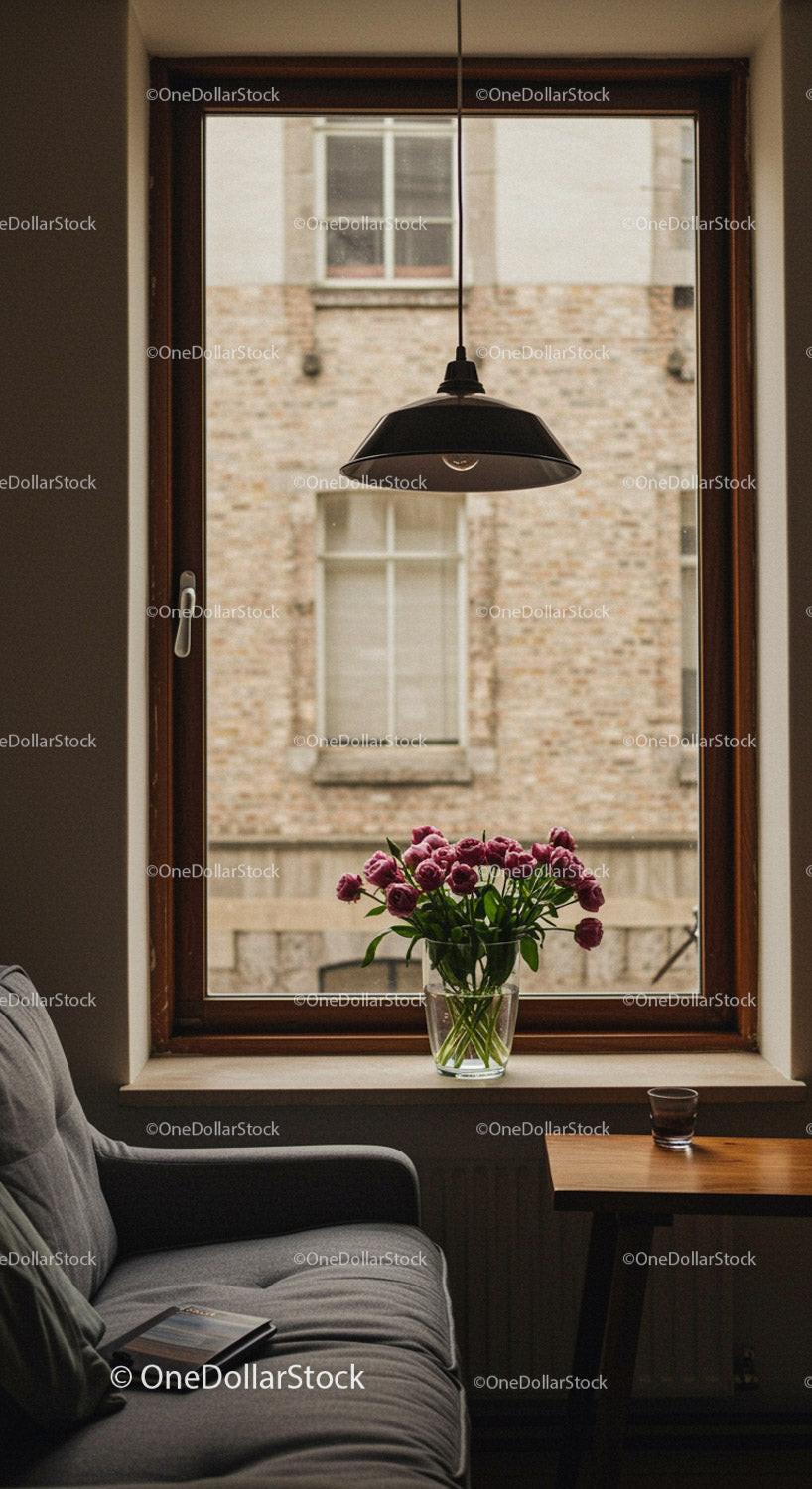 Cozy interior with flower vase by window light