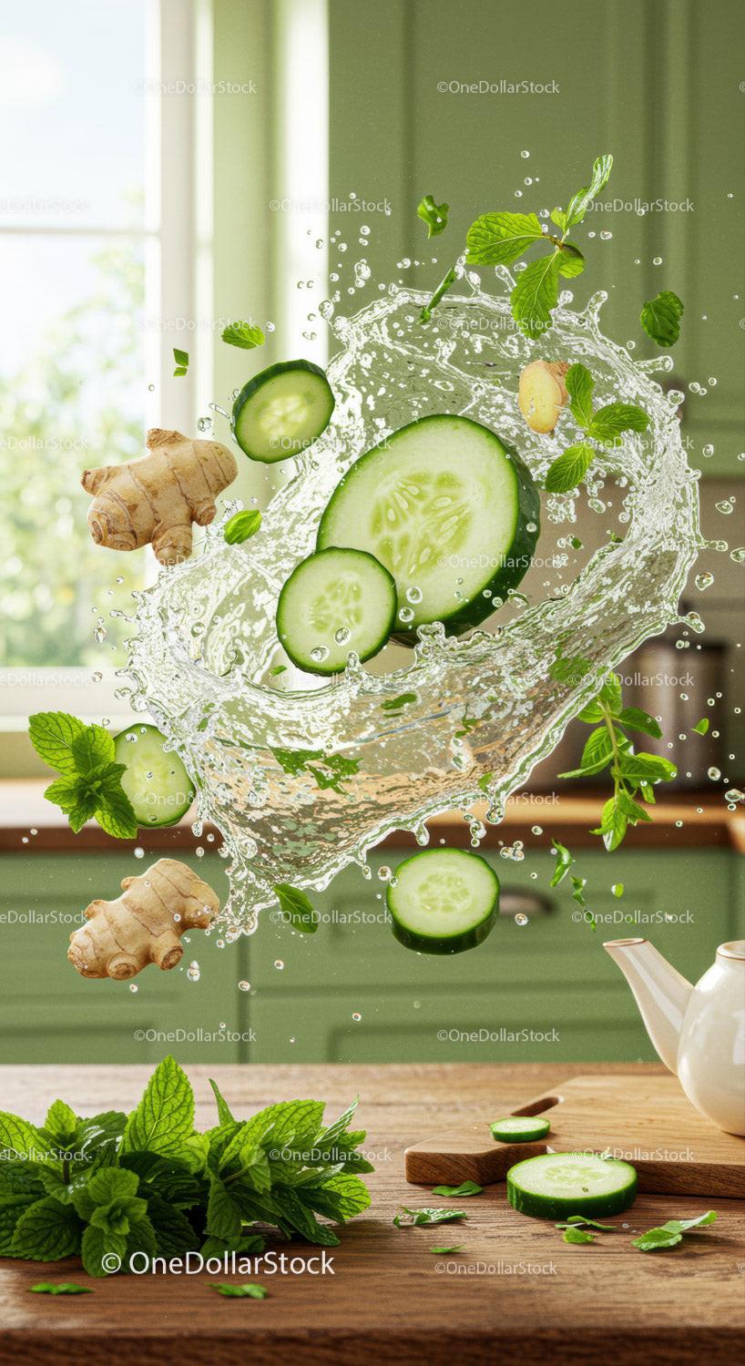 Refreshing splash with cucumber and fresh mint leaves