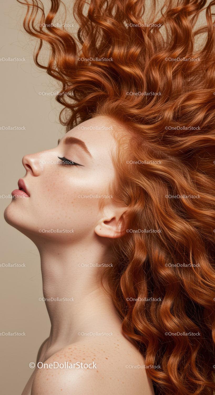 Profile of woman with vibrant curly red hair flowing