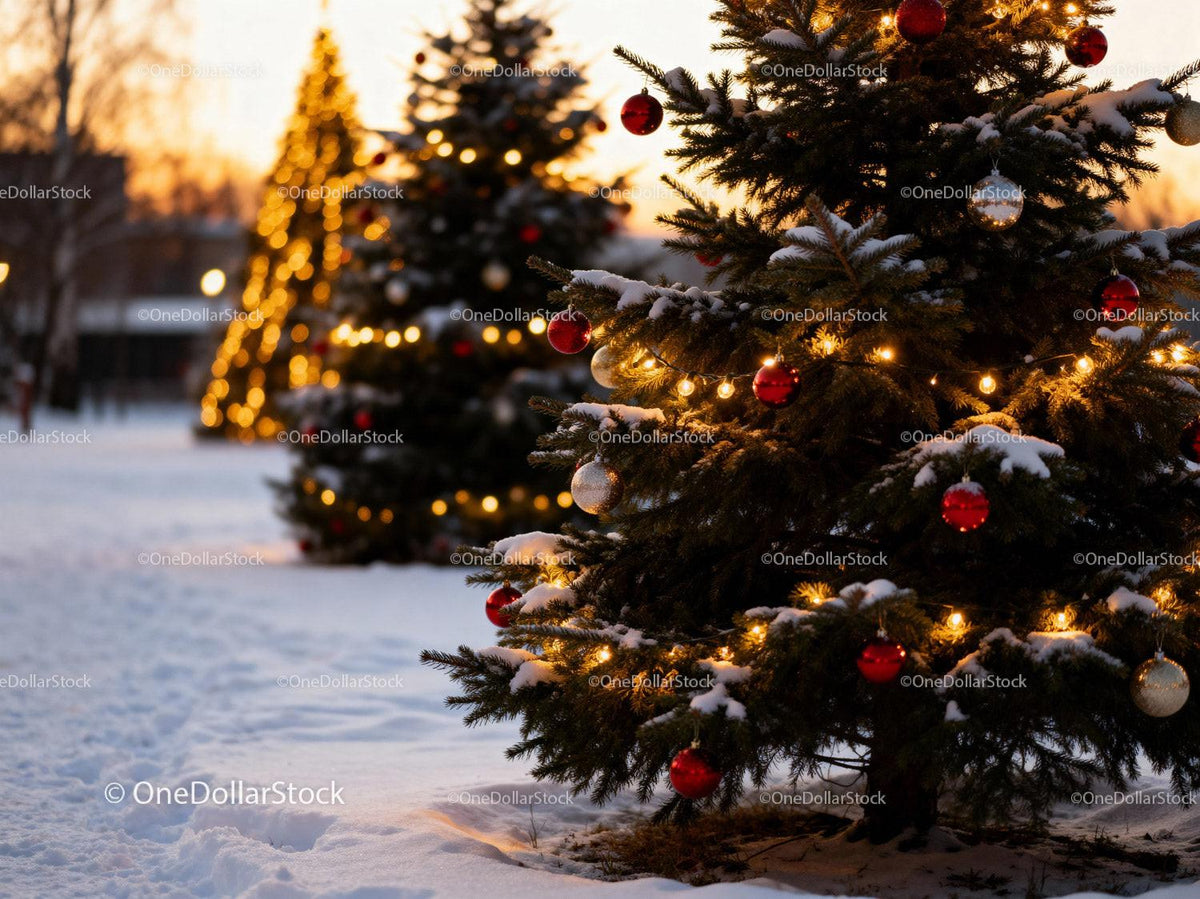 Winter Christmas Trees Decorated with Lights and Baubles