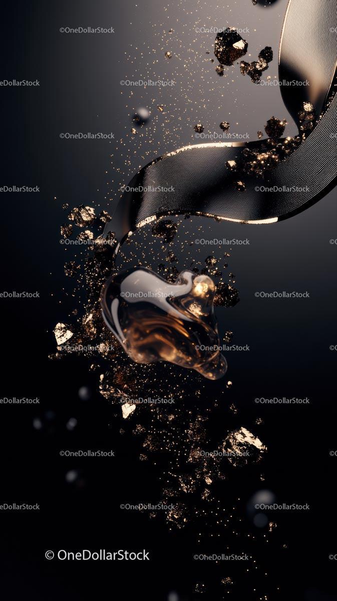 Close-up of Black Oil Spill with Golden Particles and Liquid Splash