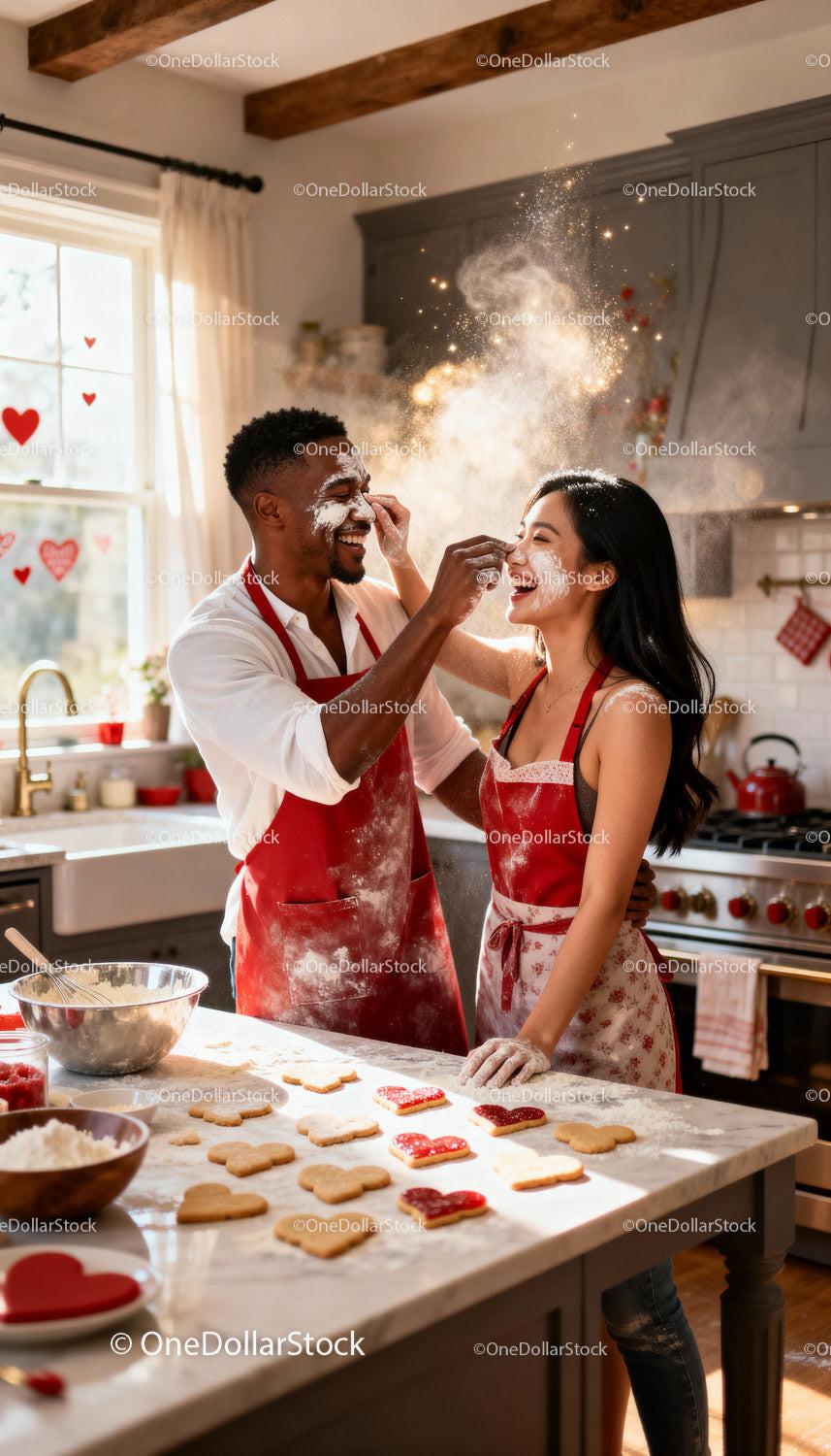 Couple Playfully Baking Heart Cookies Together