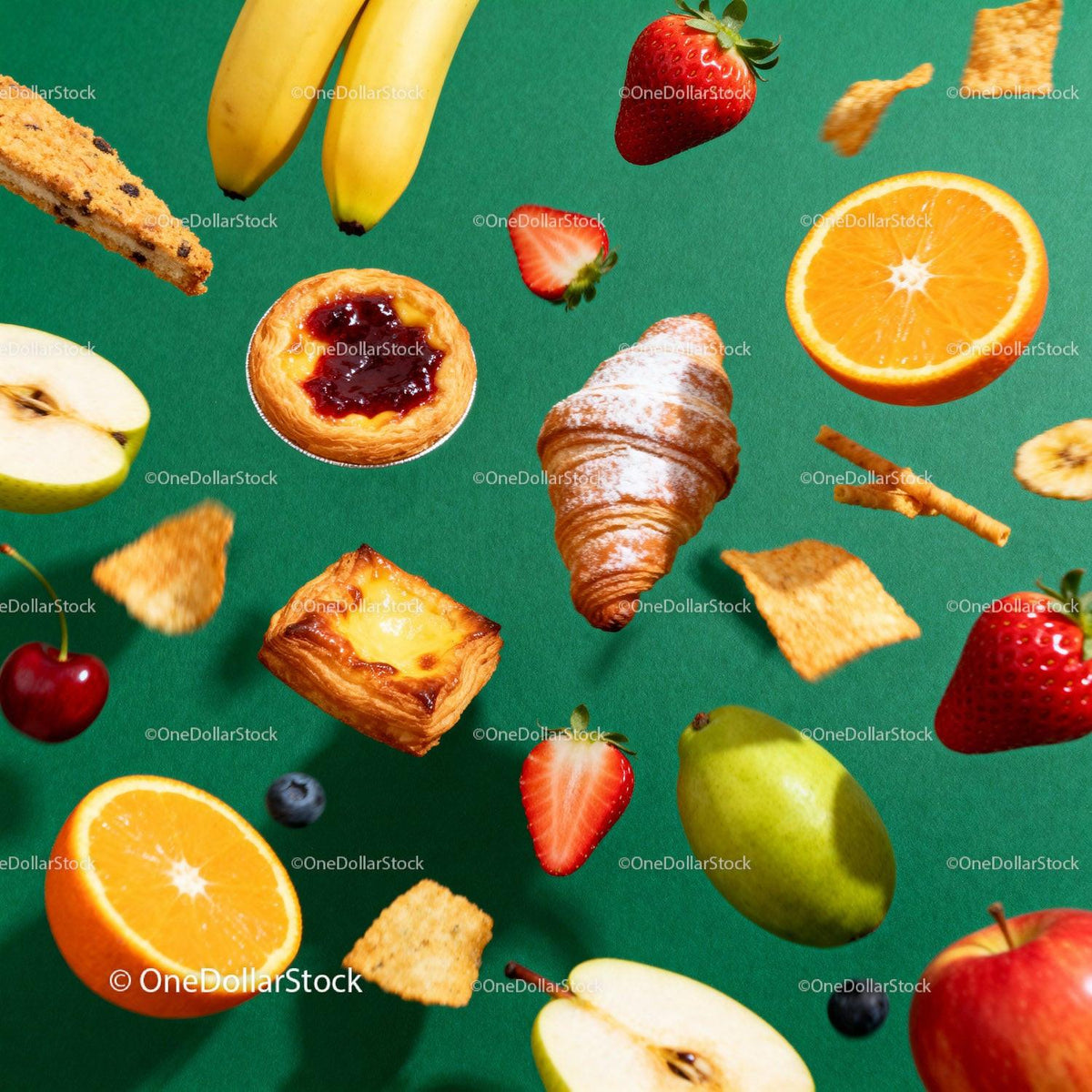 Assorted fresh fruits and pastries levitating on green