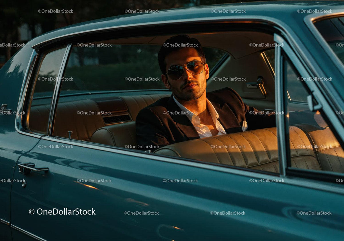 Stylish Man in Sunglasses Sitting in Classic Vintage Car at Sunset Stock Photo Bundle preview 36