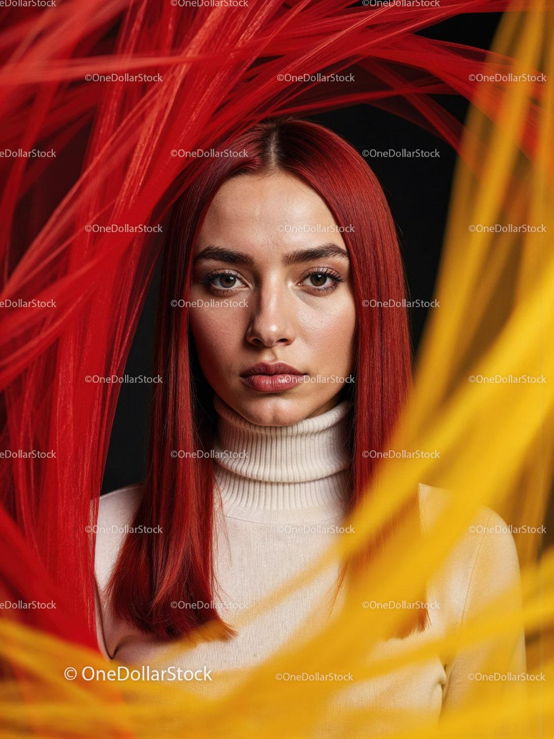 Striking Woman with Artistic Blue Face Paint and Red Lipstick Stock Photo Bundle preview 7