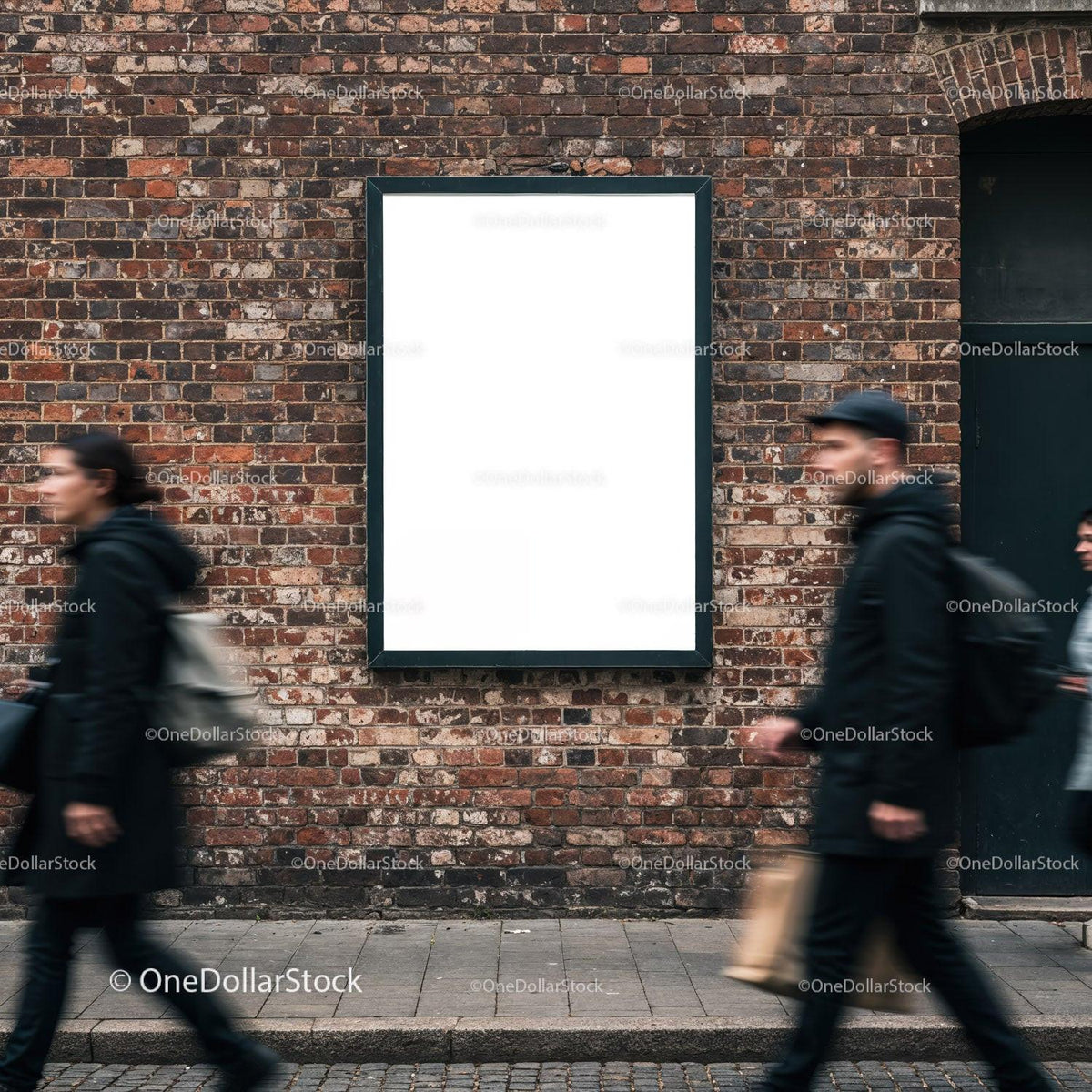 Urban street scene with blank advertising poster on brick wall JPG Mockup Image preview
