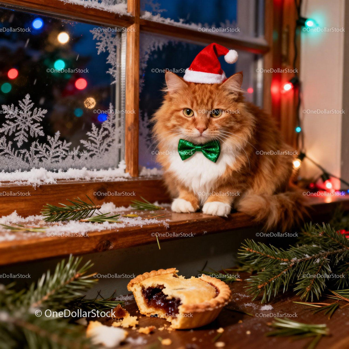 Ginger Cat Wearing Santa Hat by Frosted Window